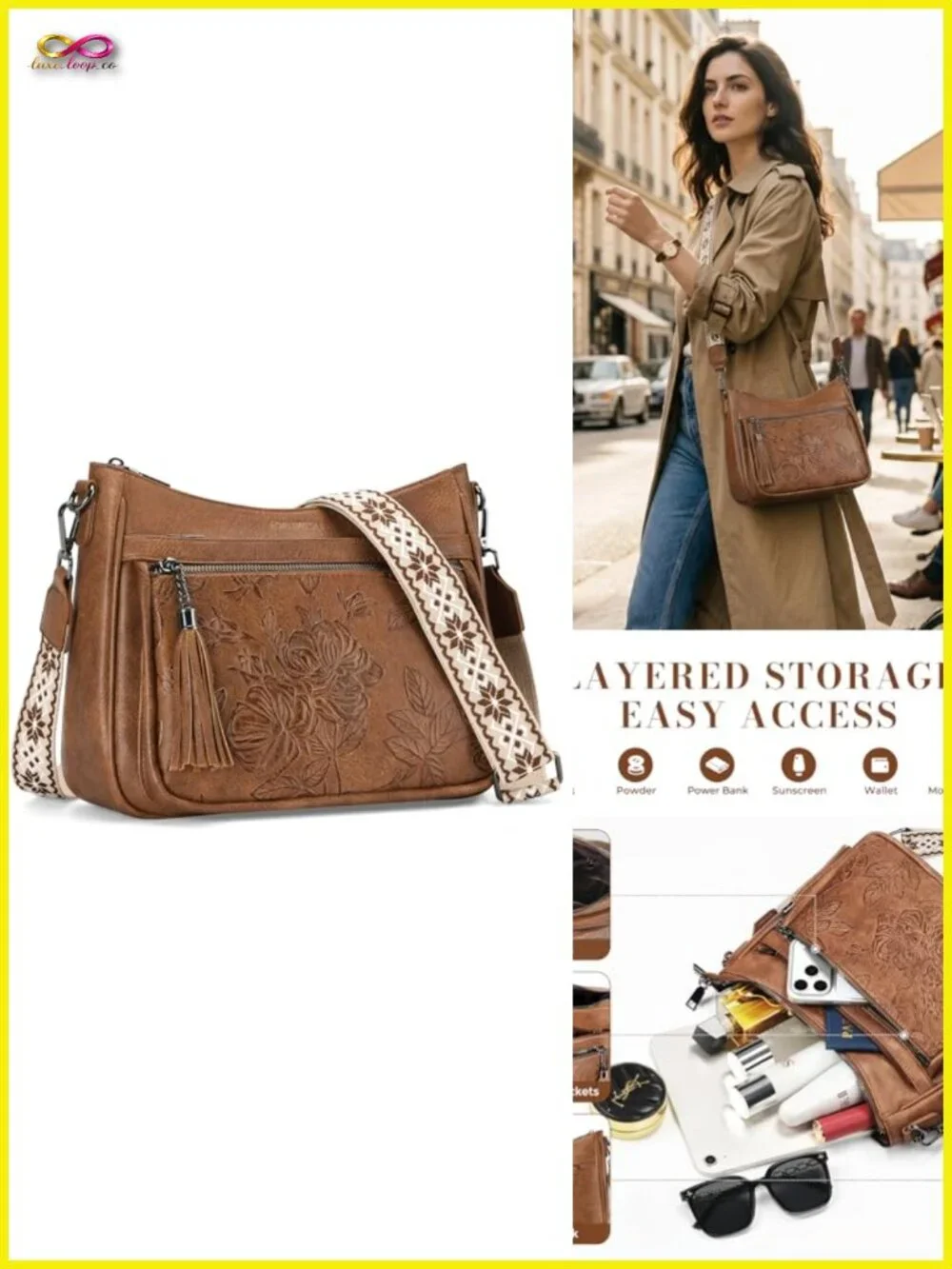 Vegan Leather Medium Crossbody Bag with Boho Strap